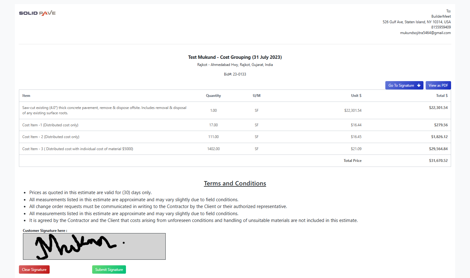 Customer signature screenshot