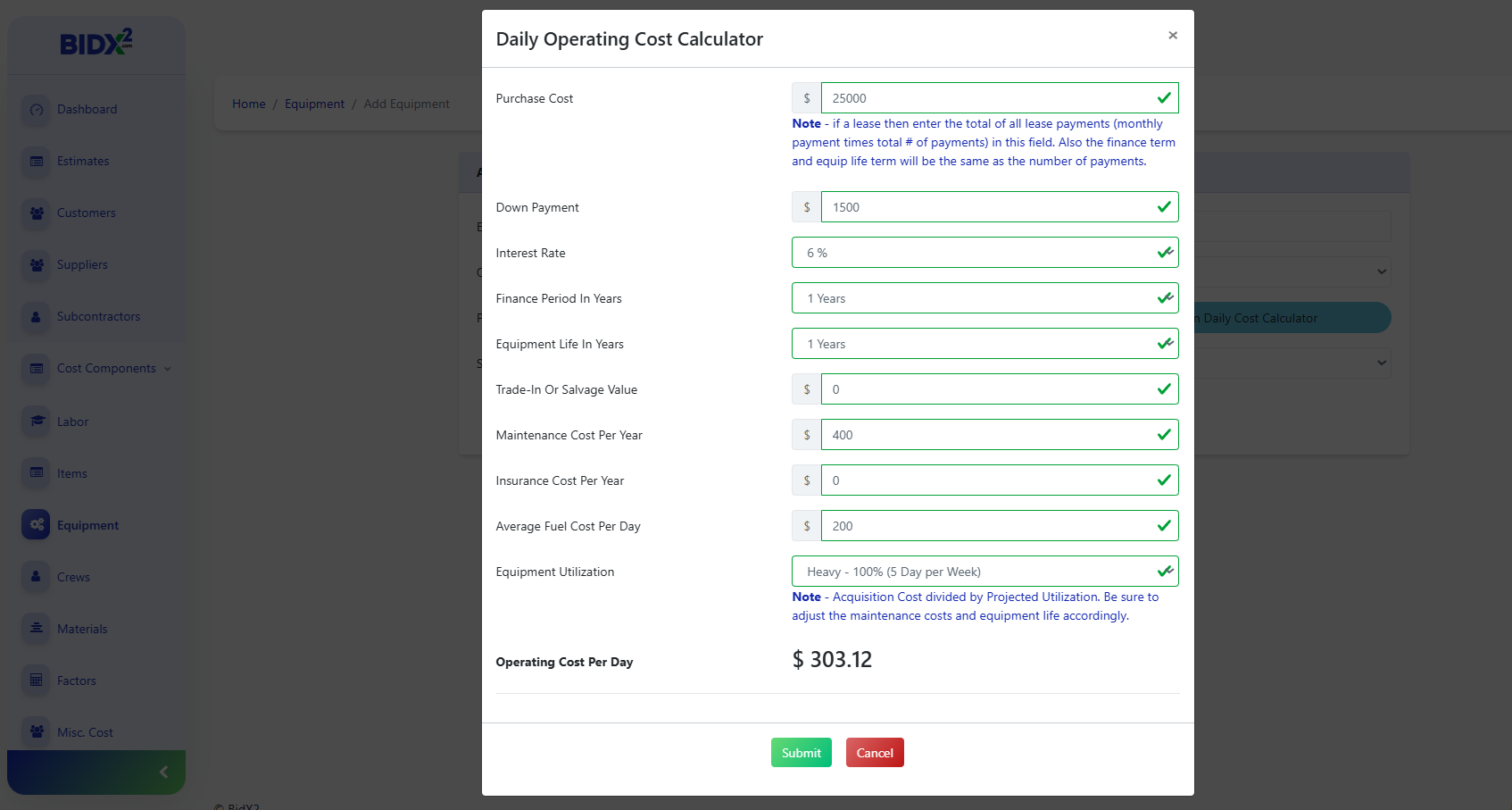 Daily cost calculator screenshot