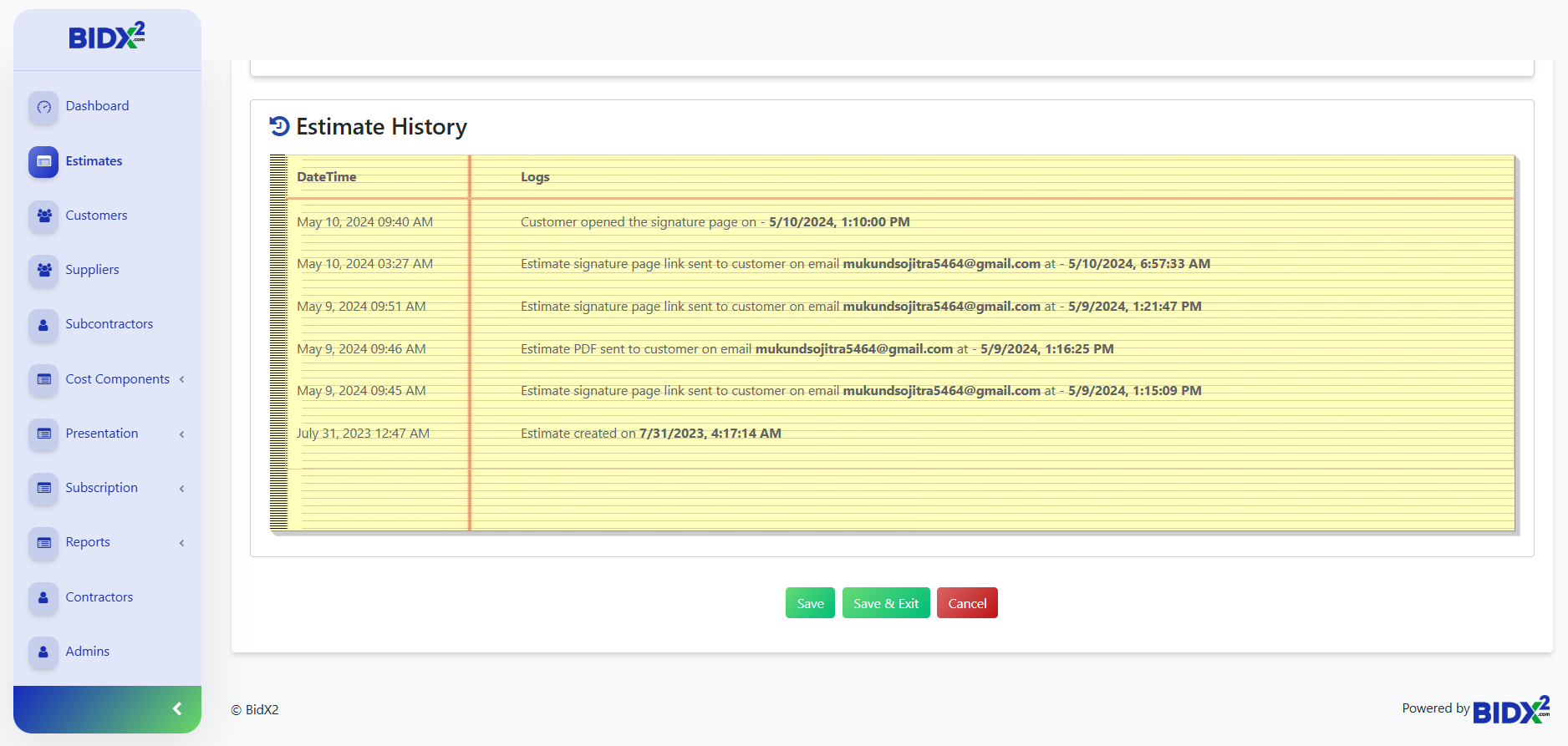 Estimate history screenshot