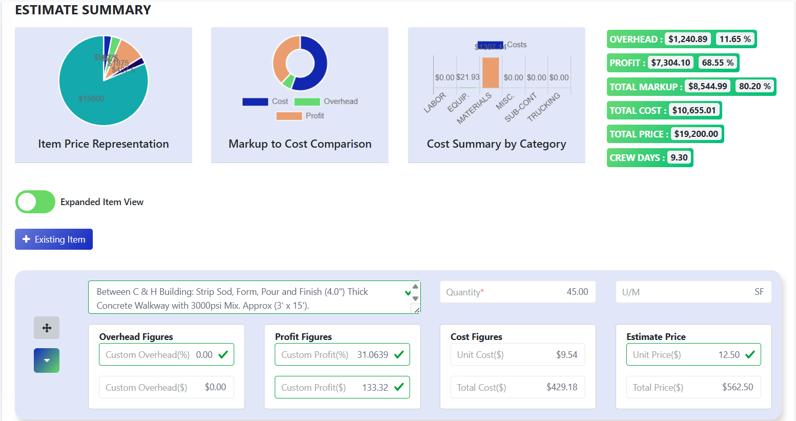 Estimate summary screenshot