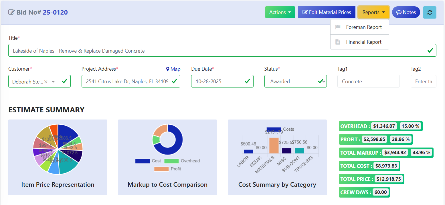 Detailed estimate builder inside BidX²