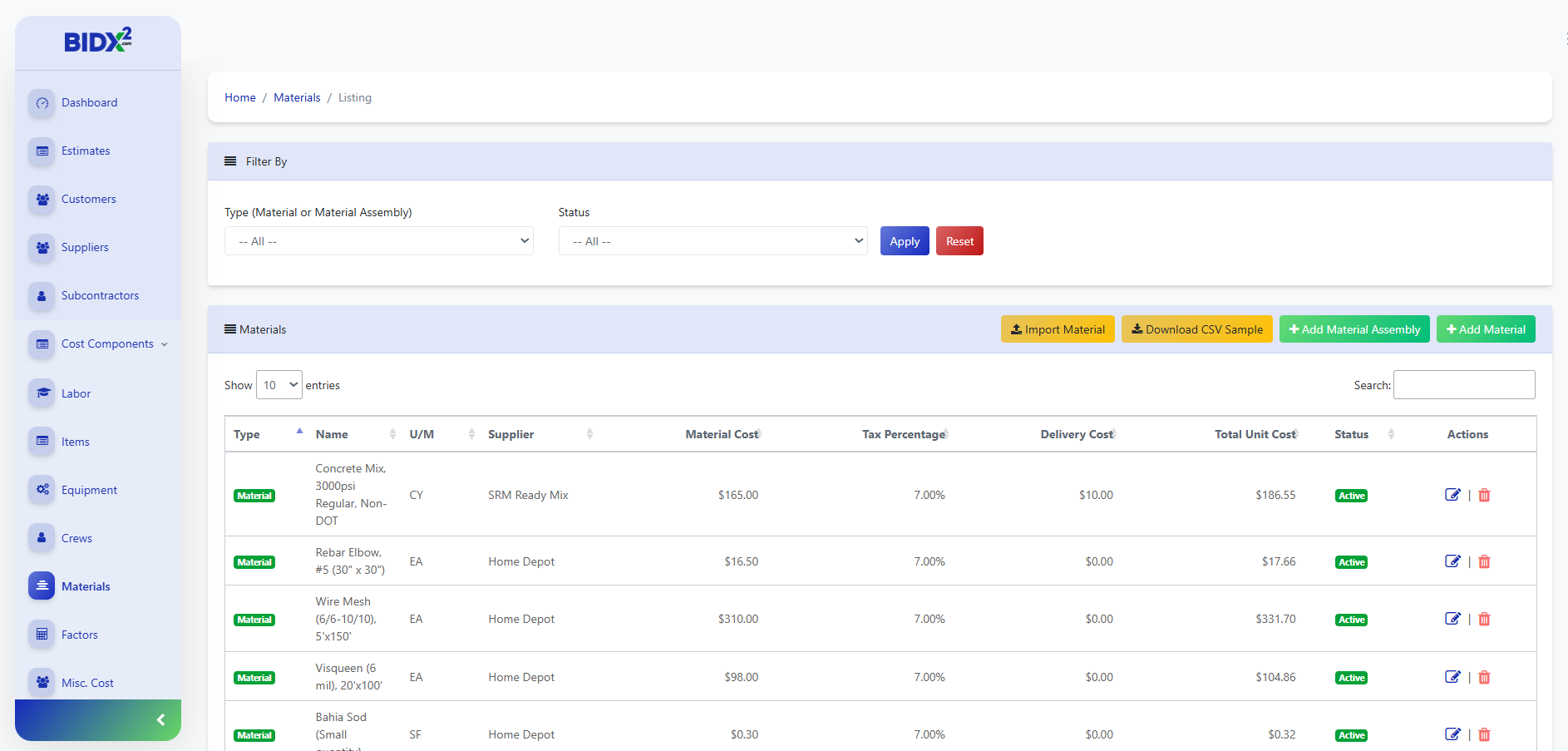 Material listing screenshot